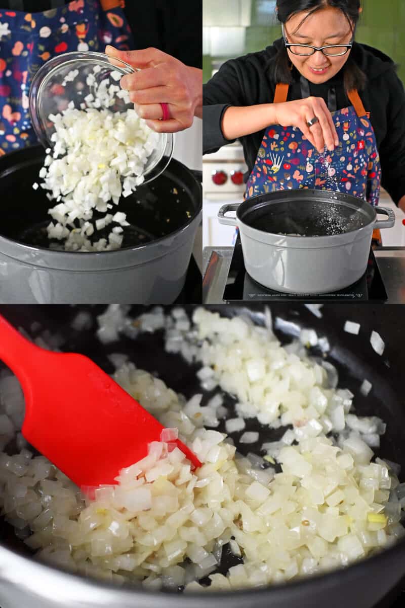 Four process shots that show diced onions being sautéed in a gray dutch oven until tender.