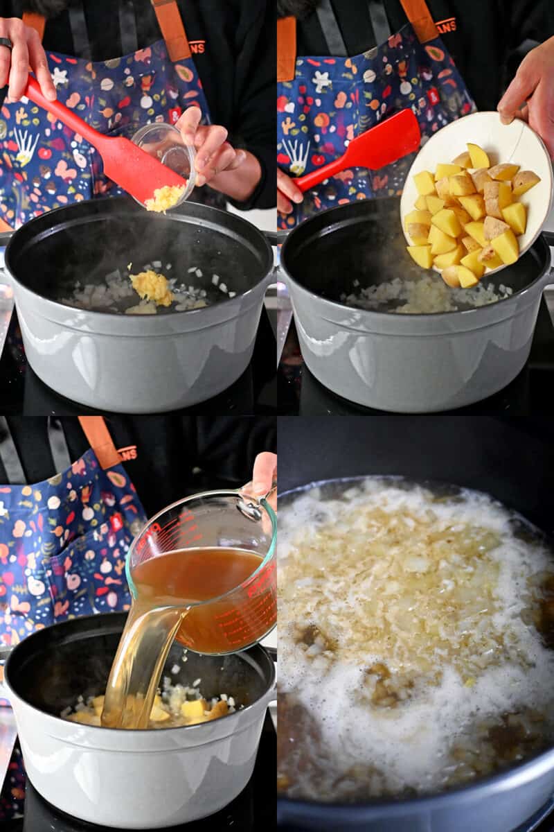 Four process shots that show someone adding minced garlic, cubed potatoes, and chicken broth into a pot to make Zuppa Toscana.
