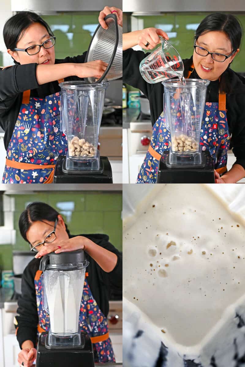 Four process shots that show how to blend cashew cream in a blender.