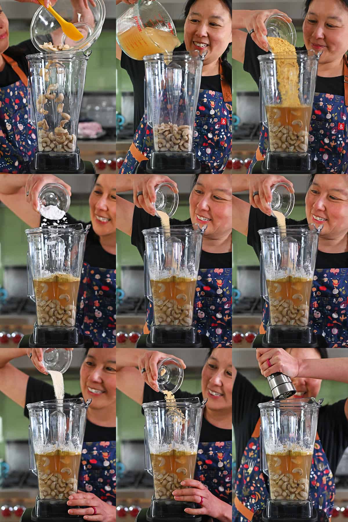Nine sequential shots that show an Asian woman putting the ingredients for a chicken divan sauce into a Vitamix blender.