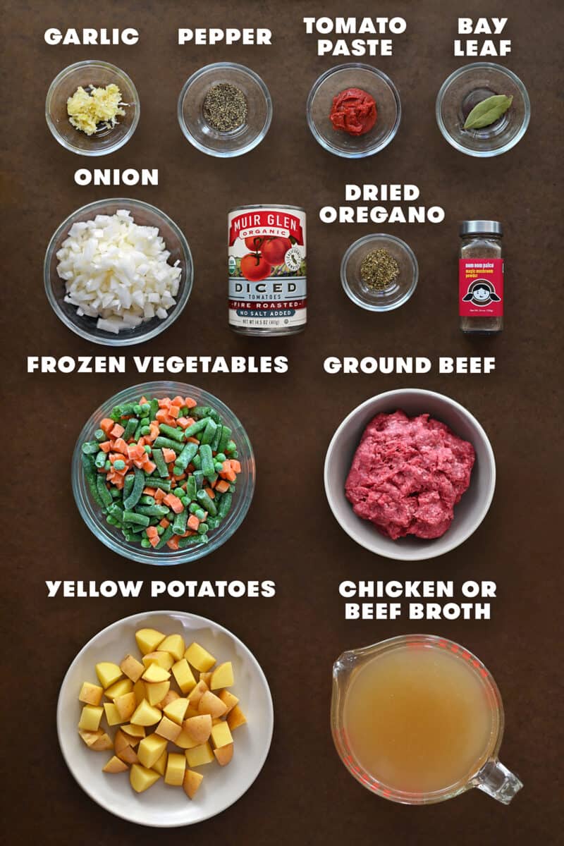 The raw ingredients to make hamburger soup.