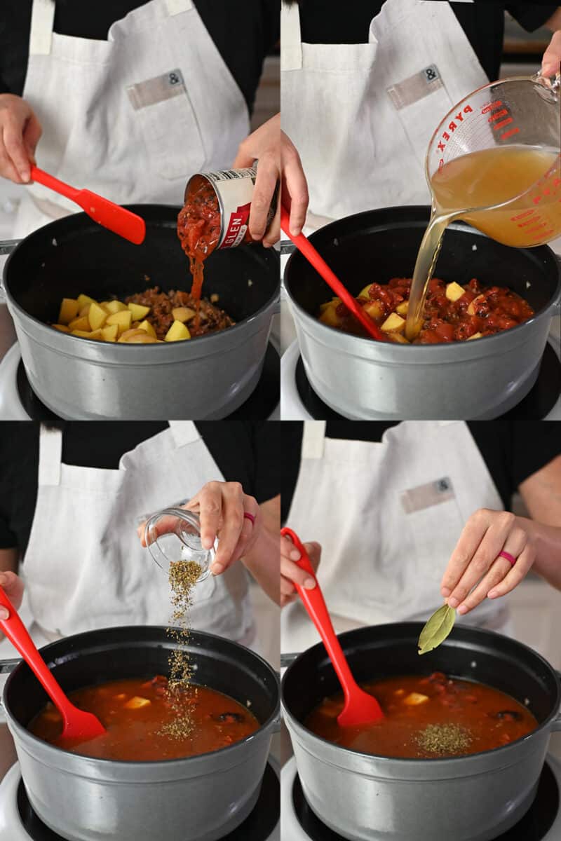 Four shots that show someone adding a can of diced tomatoes, broth, dried oregano, and a bay leaf into a pot of hamburger soup.
