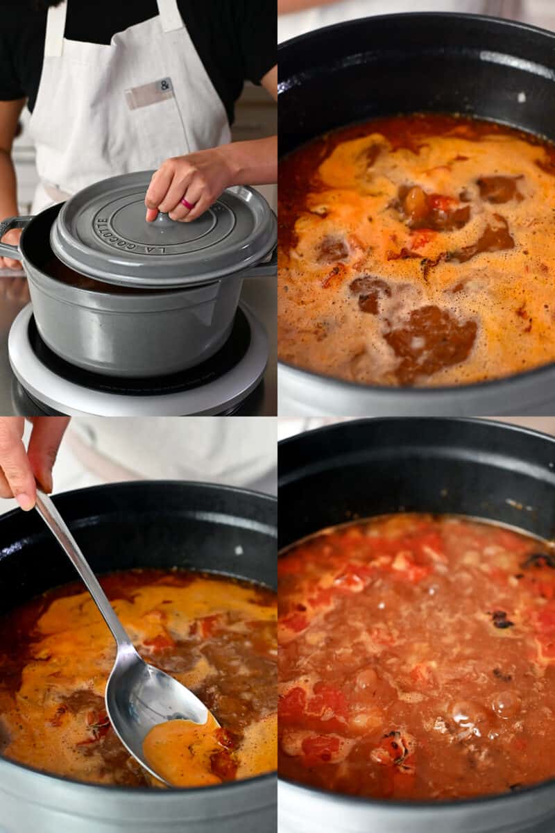 Four sequential photos that show someone covering a pot of soup and then showing the soup simmer.