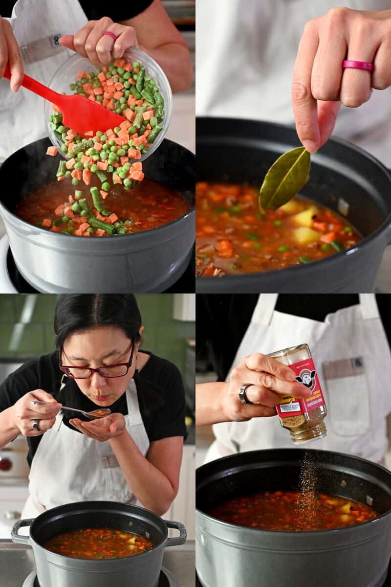Four shots that show someone adding frozen vegetables into a pot of hamburger soup and tasting and seasoning the soup.