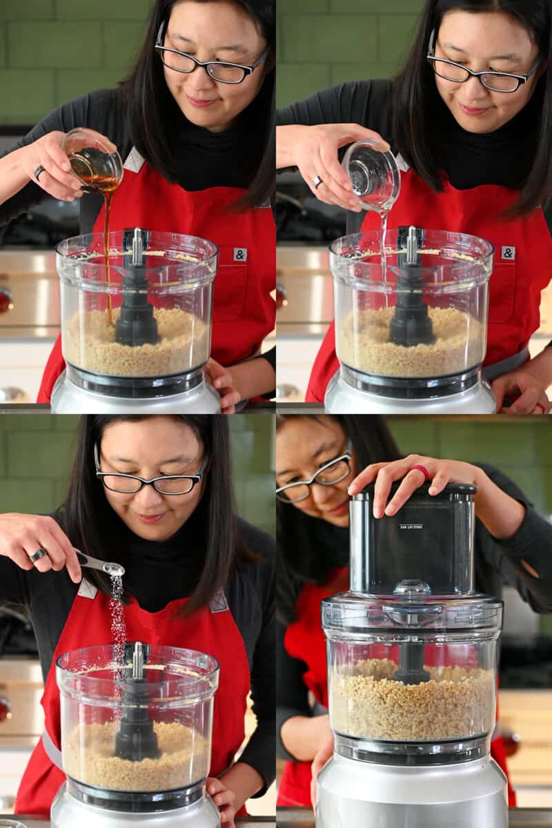 Four shots that show an Asian woman adding maple syrup, melted coconut oil, and salt to a food processor filled with processed toasted almonds and coconut flakes. 