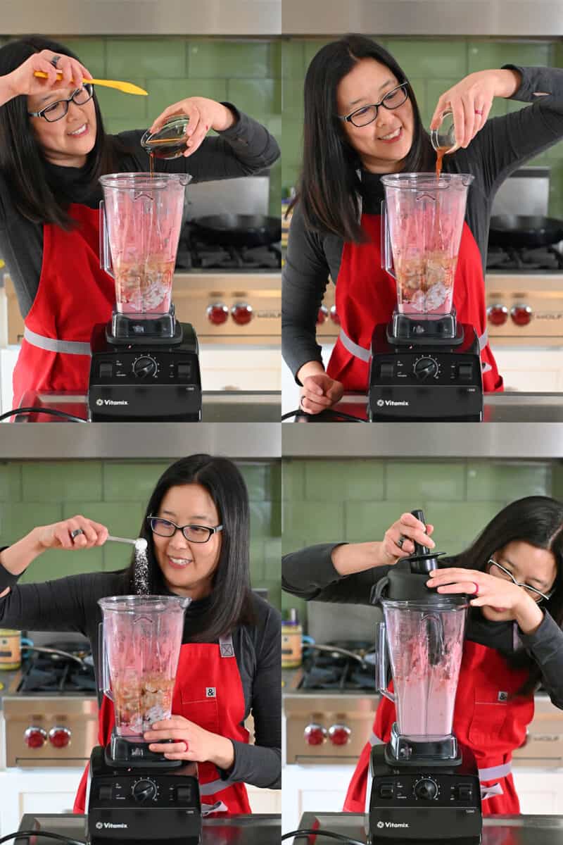 Four process shots that show an Asian woman adding the vegan strawberry cheesecake filling ingredients into an open Vitamix blender.
