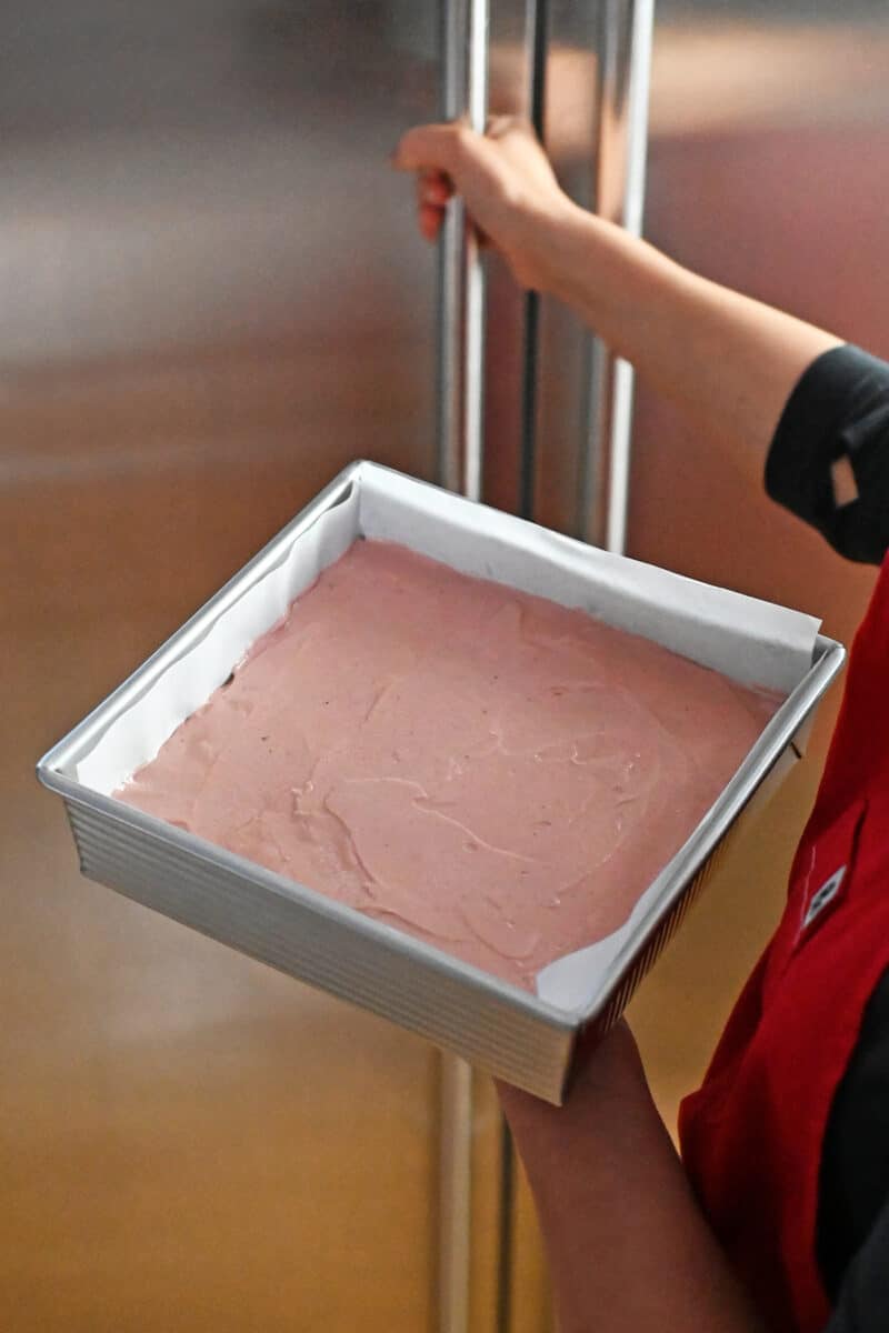 Someone putting a pan of strawberry cheesecake bars into the freezer. 