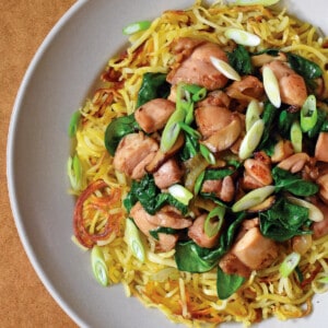 An overhead shot of a plate of paleo chicken chow mein.