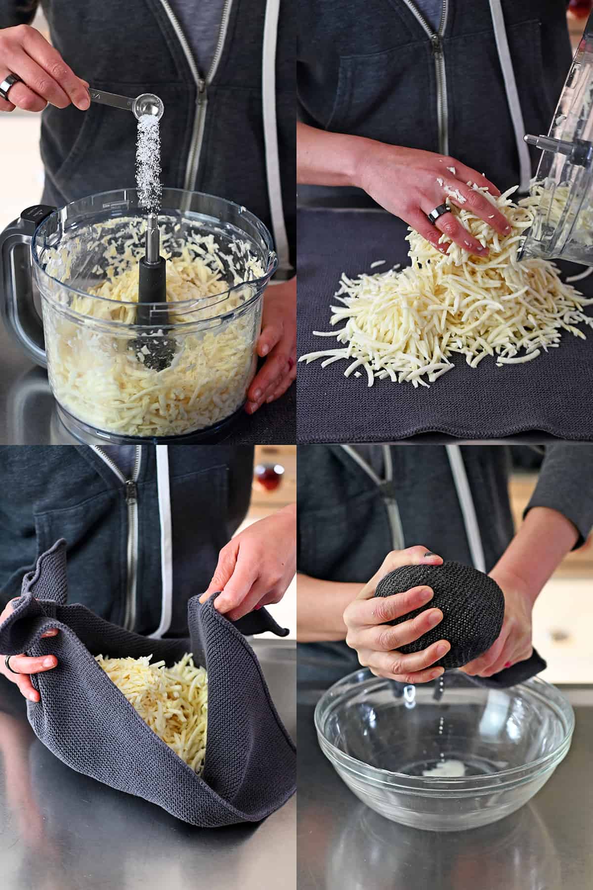 Four sequential photos that show shredded potato in a food processor, a hand adding the potatoes to a clean towel, and wringing the potatoes in the towel to release the liquid.