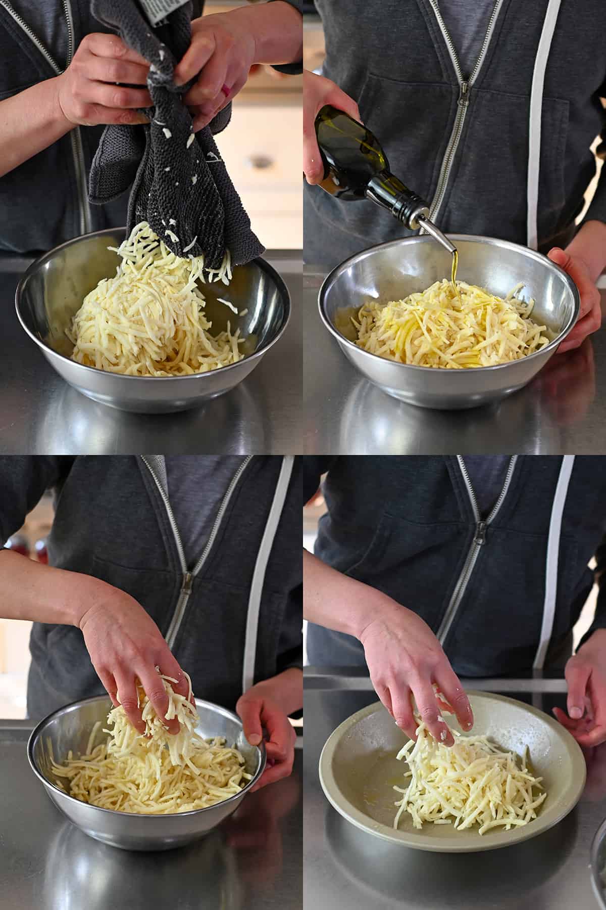 Adding extra virgin olive oil to a bowl filled with shredded potatoes and placing them in a pie pan.