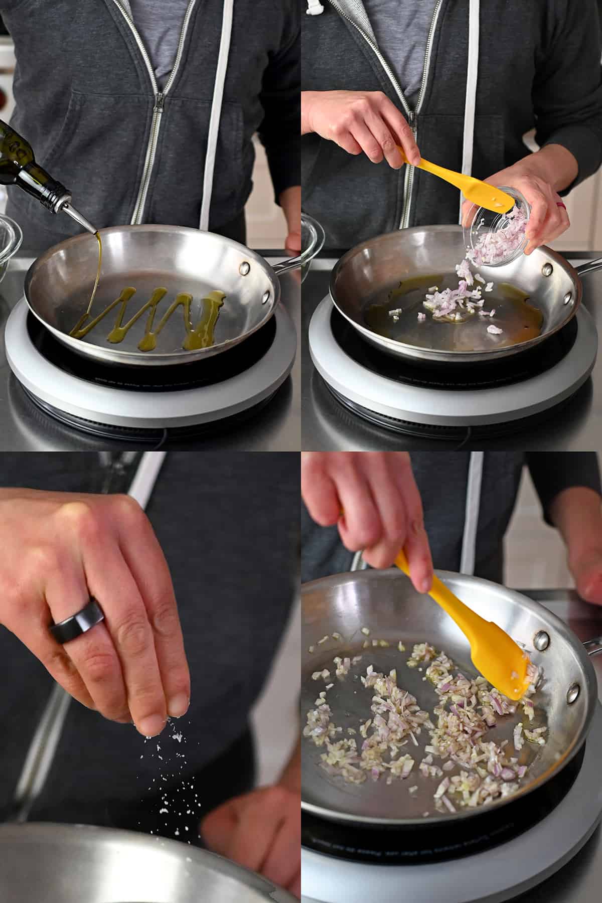 Four step by step shots that show someone sautéing minced shallots in a frying pan.