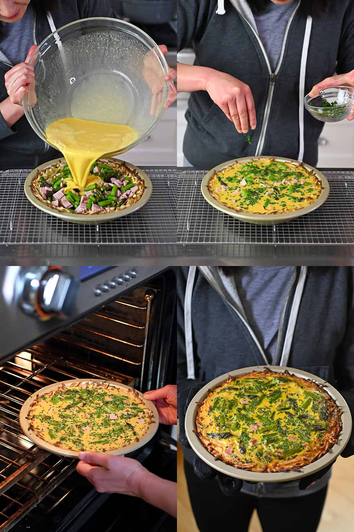 Assembling the paleo asparagus quiche and baking it in the oven.