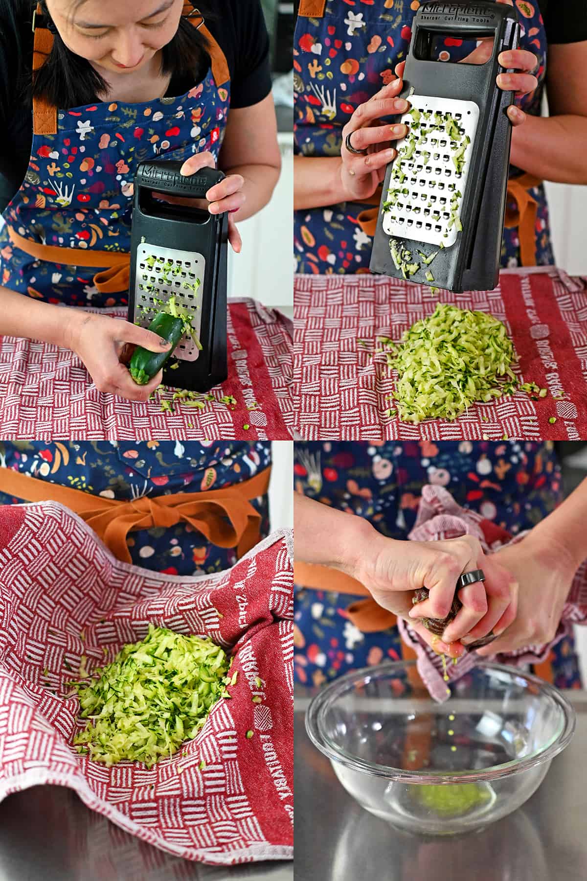 Four sequential photos that show an Asian woman grating a zucchini with a box grater and squeezing out the excess liquid using a red and white kitchen towel.