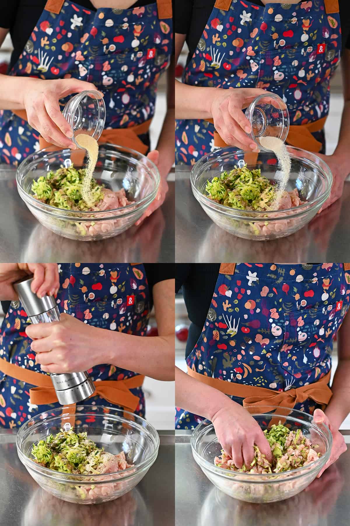 A person in a blue apron is adding the raw ingredients for chicken meatballs into a large glass mixing bowl.