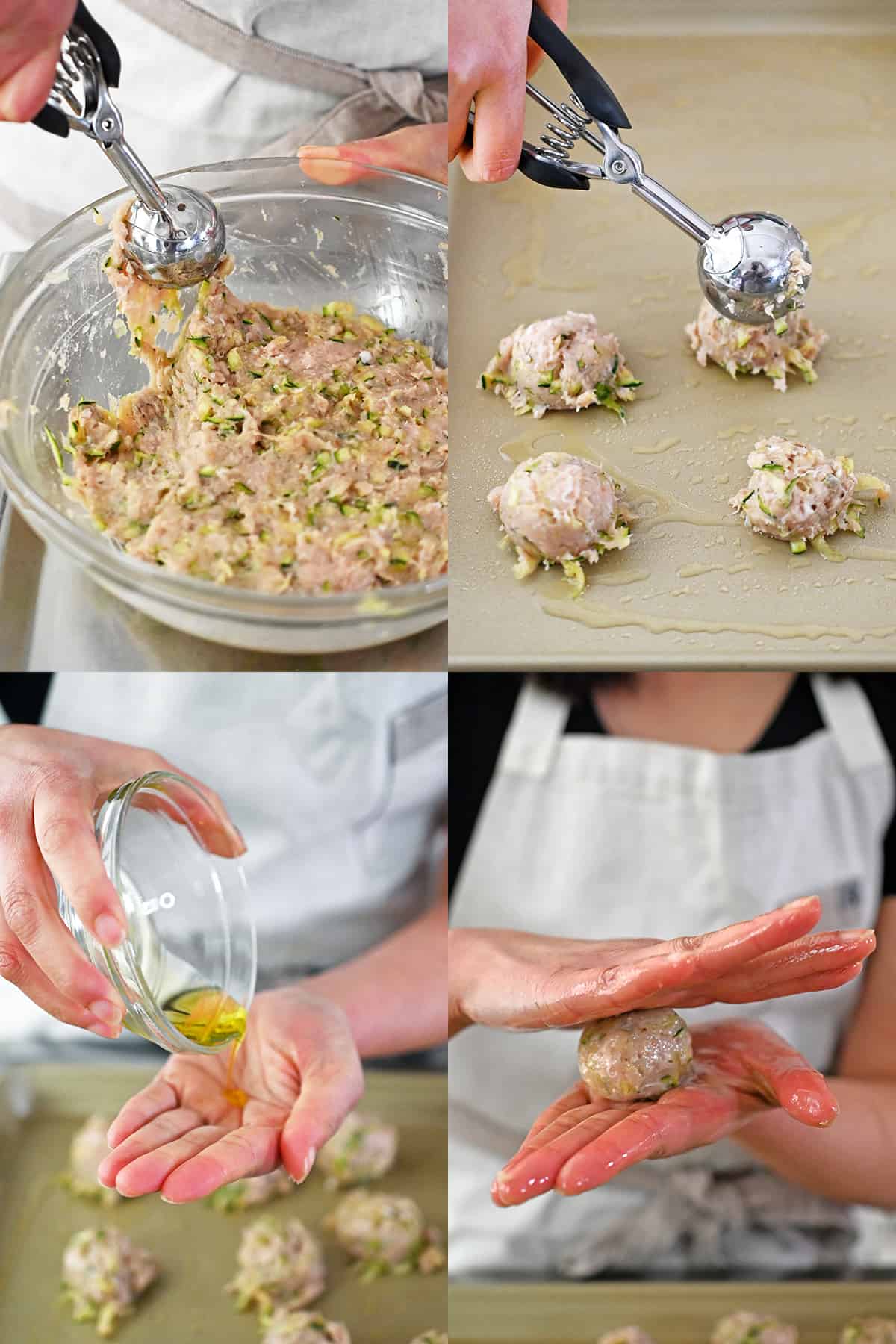 Four sequential shots that show using a scooper to portion out the chicken meatballs and then rolling them in between olive oil greased hands. 