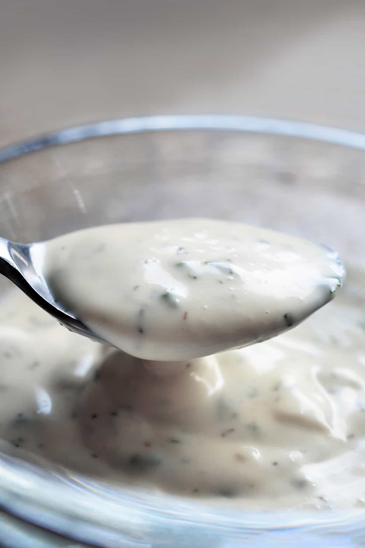 A closeup of a spoon with homemade paleo ranch dressing in it.