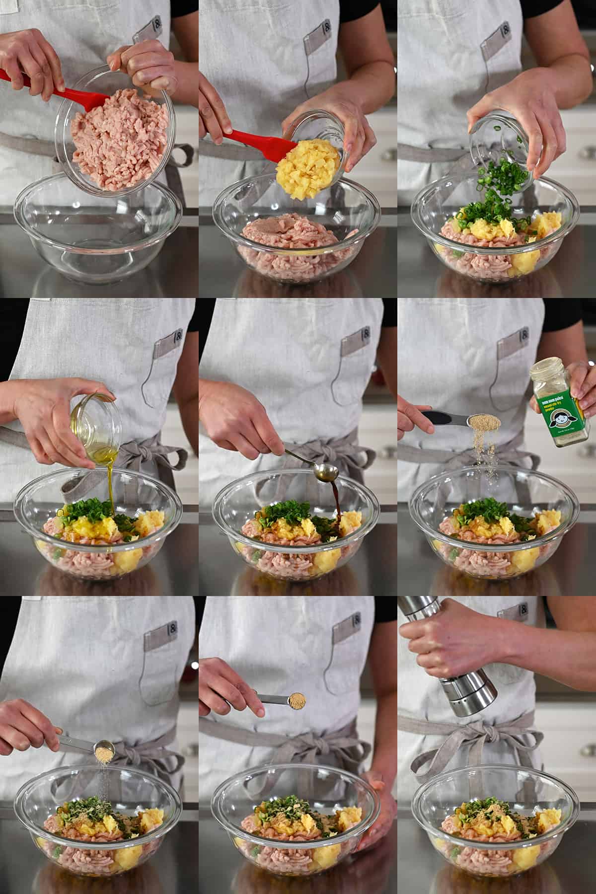 A sequence of nine photos that shows someone adding the raw ingredients for teriyaki pineapple meatballs into a large glass mixing bowl.