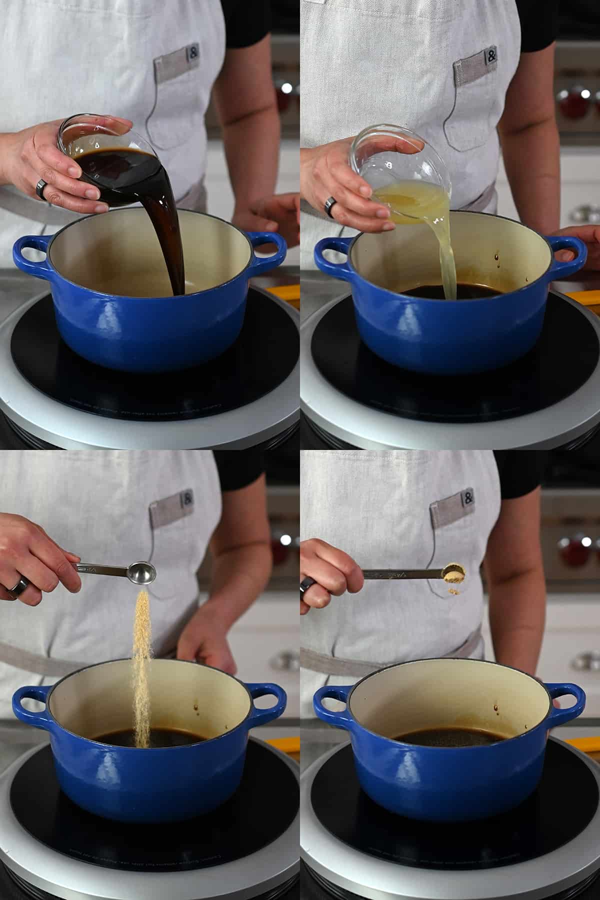 Four sequential photos that show someone adding the ingredients to make a paleo and Whole30 teriyaki sauce into a blue saucepan.