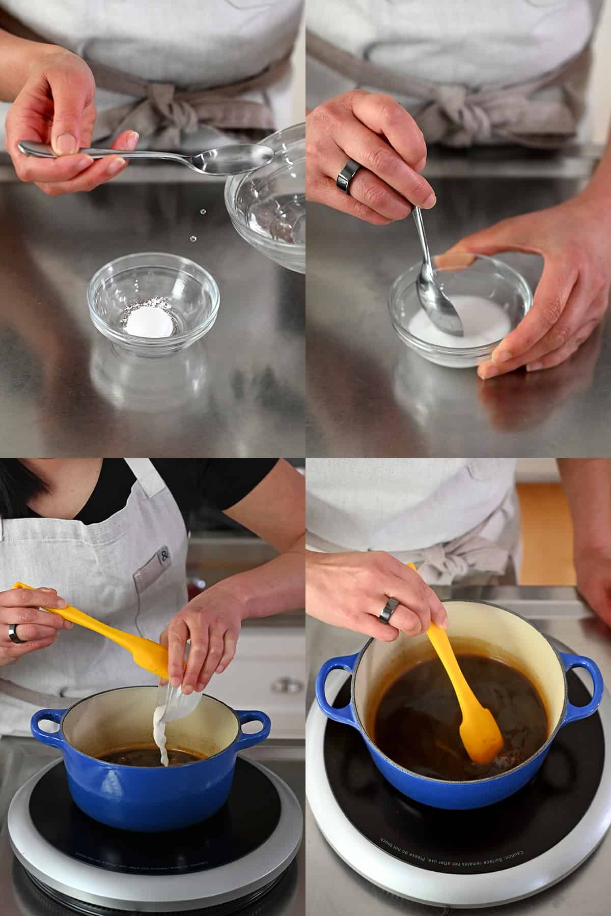 Four sequential shots that show someone making an arrowroot slurry to thicken a paleo teriyaki sauce.