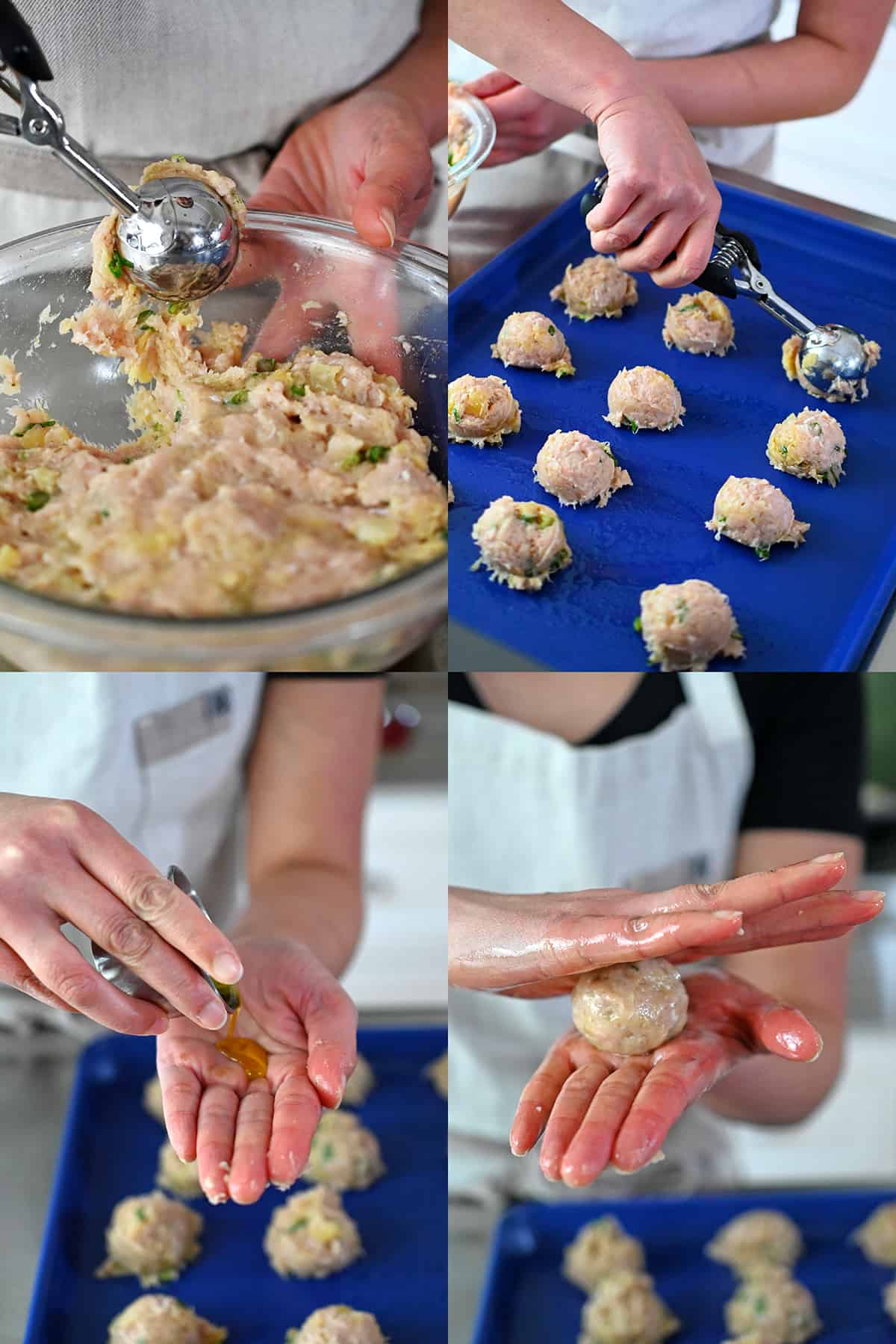 Four sequential shots that show someone forming 1-inch wide teriyaki pineapple meatballs.