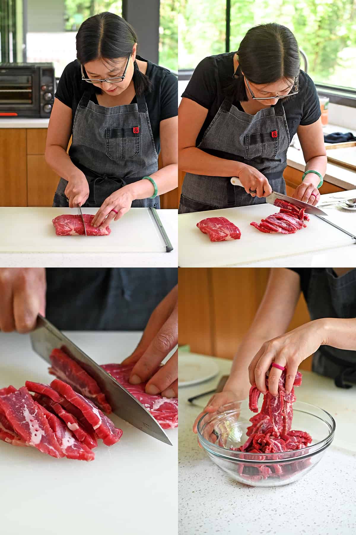 Four sequential photos of an Asian woman cutting a raw piece of flank steak in half before cutting the meat into thin strips, against the grain, and putting them into a bowl.