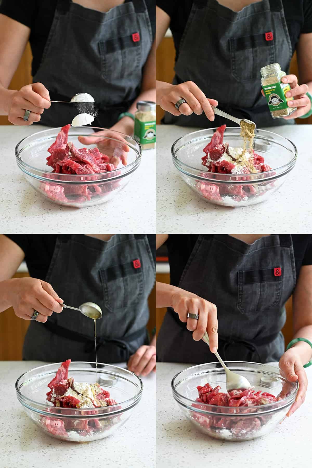 Four sequential shots that show someone adding arrowroot powder, Umami Stir Fry powder, and avocado oil to a bowl of thinly sliced raw flank steak.