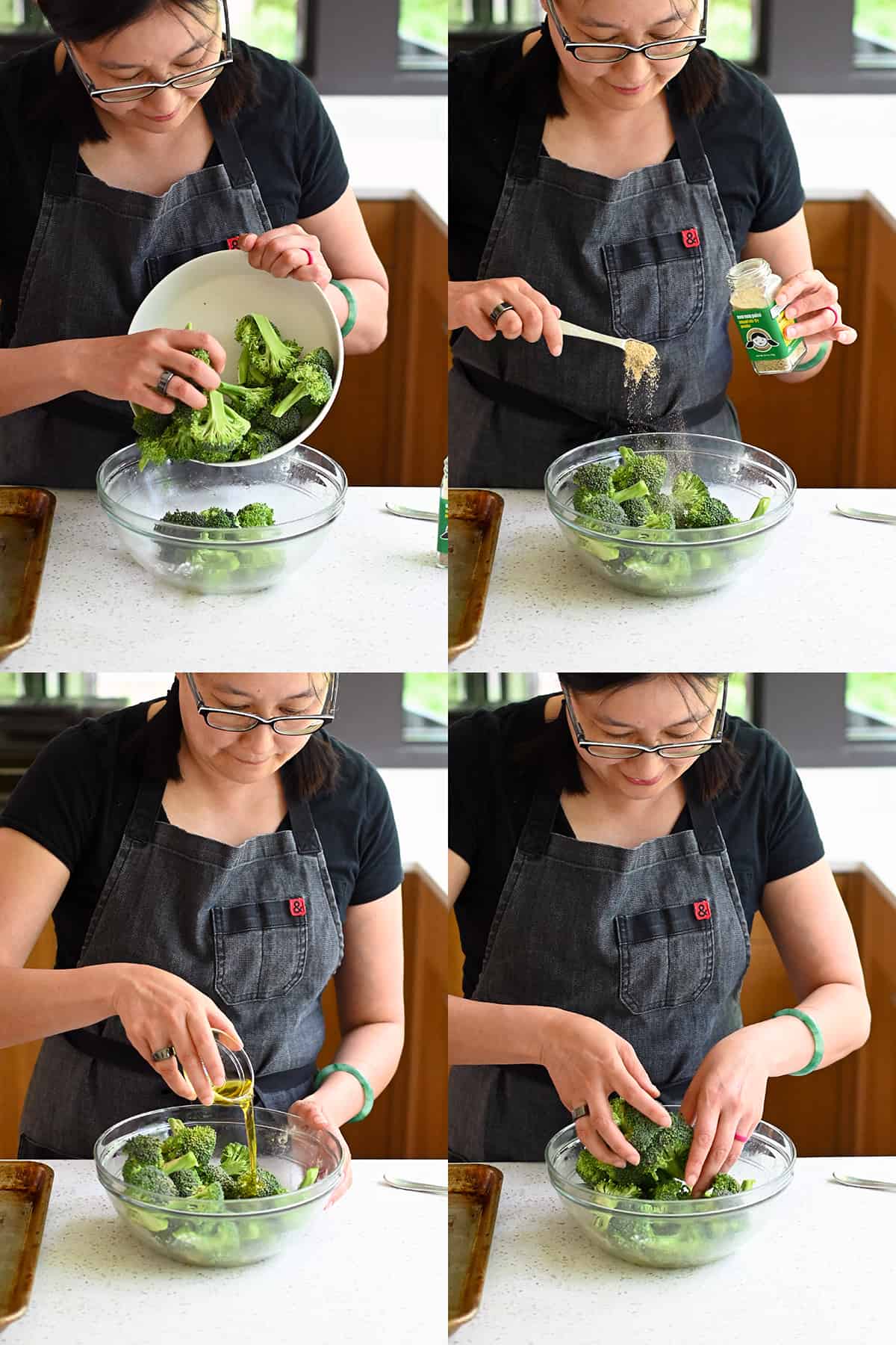 Four photos of an Asian woman tossing broccoli florets with Umami Stir Fry powder and avocado oil in a clear bowl.