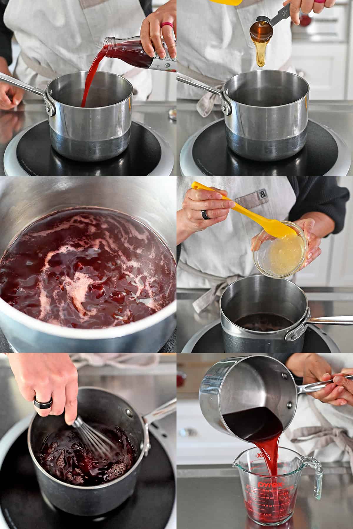 A sequence of photos that show someone simmering strawberry juice and honey before whisking in bloomed gelatin and pouring the resulting red liquid into a measuring cup.