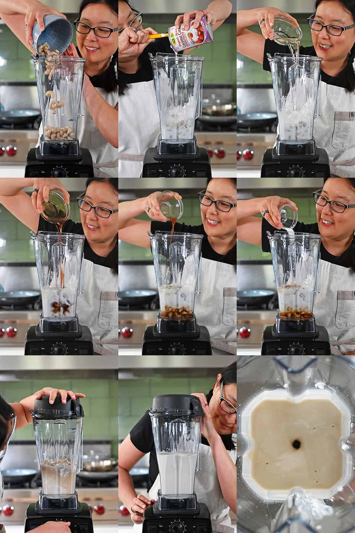 A sequence of shots that show an Asian woman blending the ingredients to make the dairy-free and paleo filling for a grain free strawberry pretzel salad.
