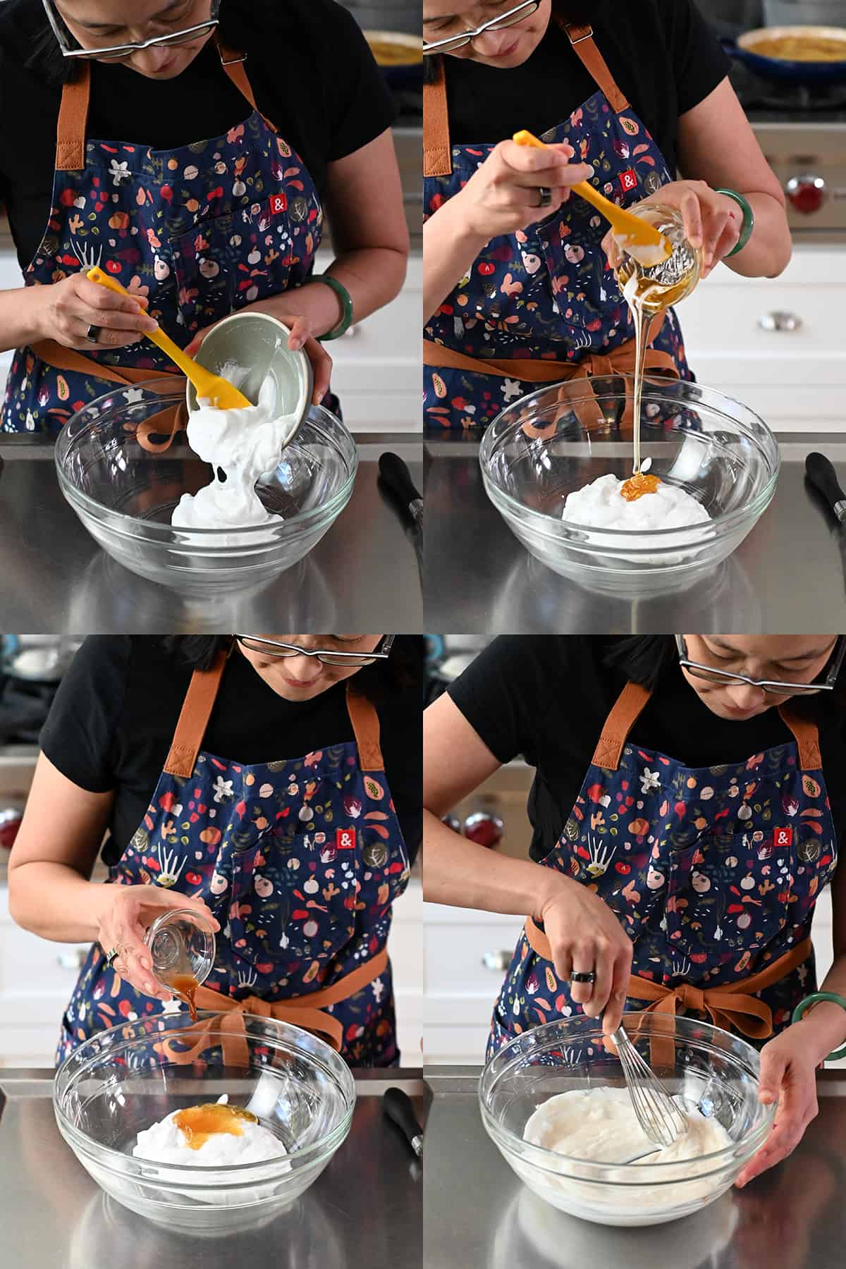 Four sequential shots that show someone combining coconut yogurt, honey, vanilla extract for paleo ambrosia.