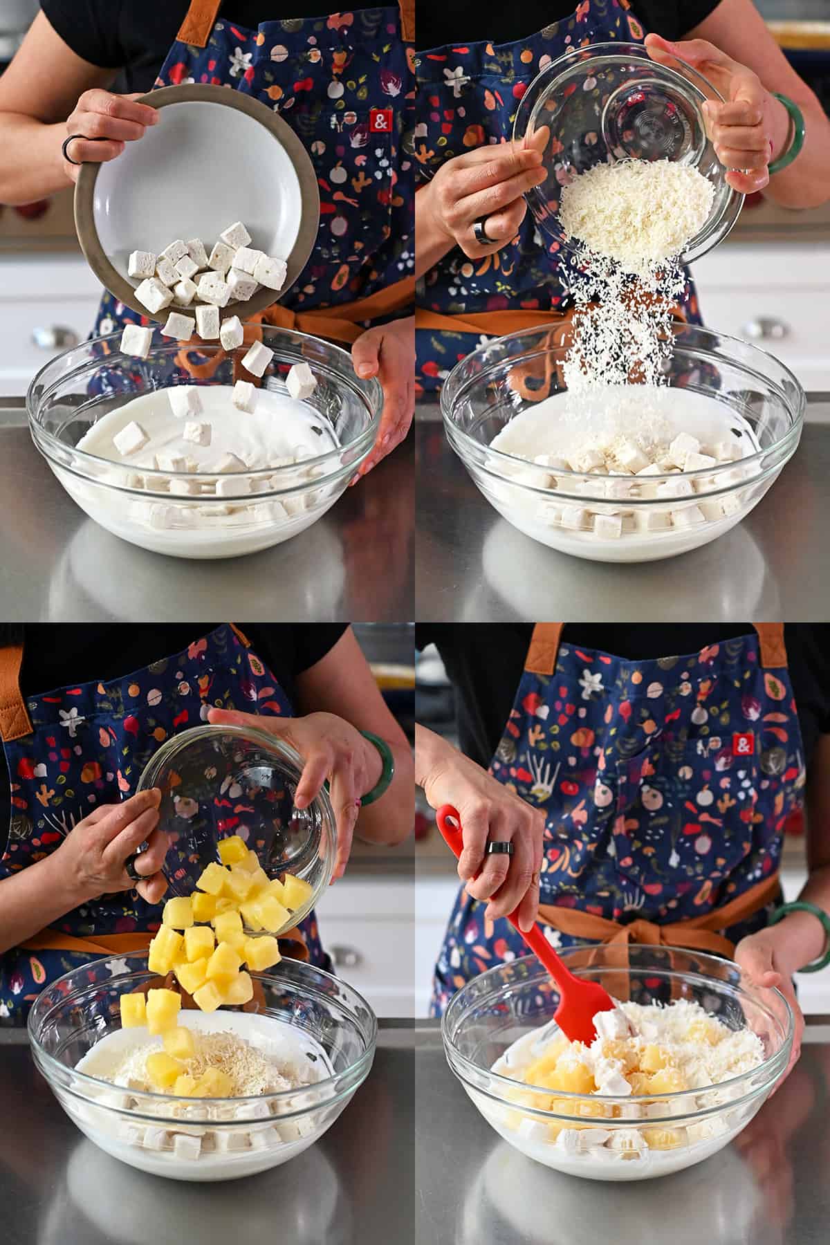 Four shots that show someone adding paleo marshallows, shredded coconut, and pineapple chunks to some sweetened coconut yogurt in a large bowl.
