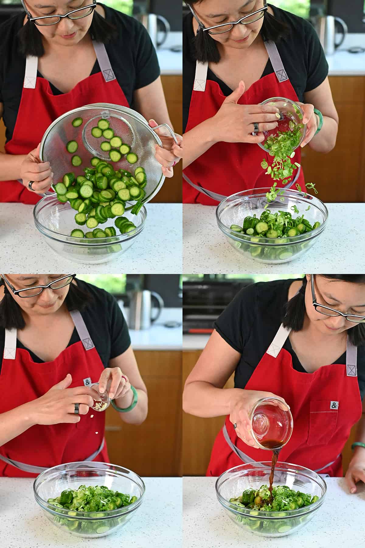 Four sequential shots that show an Asian woman adding salted sliced cucumbers, sliced green onions, minced garlic, and coconut aminos to a large glass mixing bowl to make Korean cucumber salad.