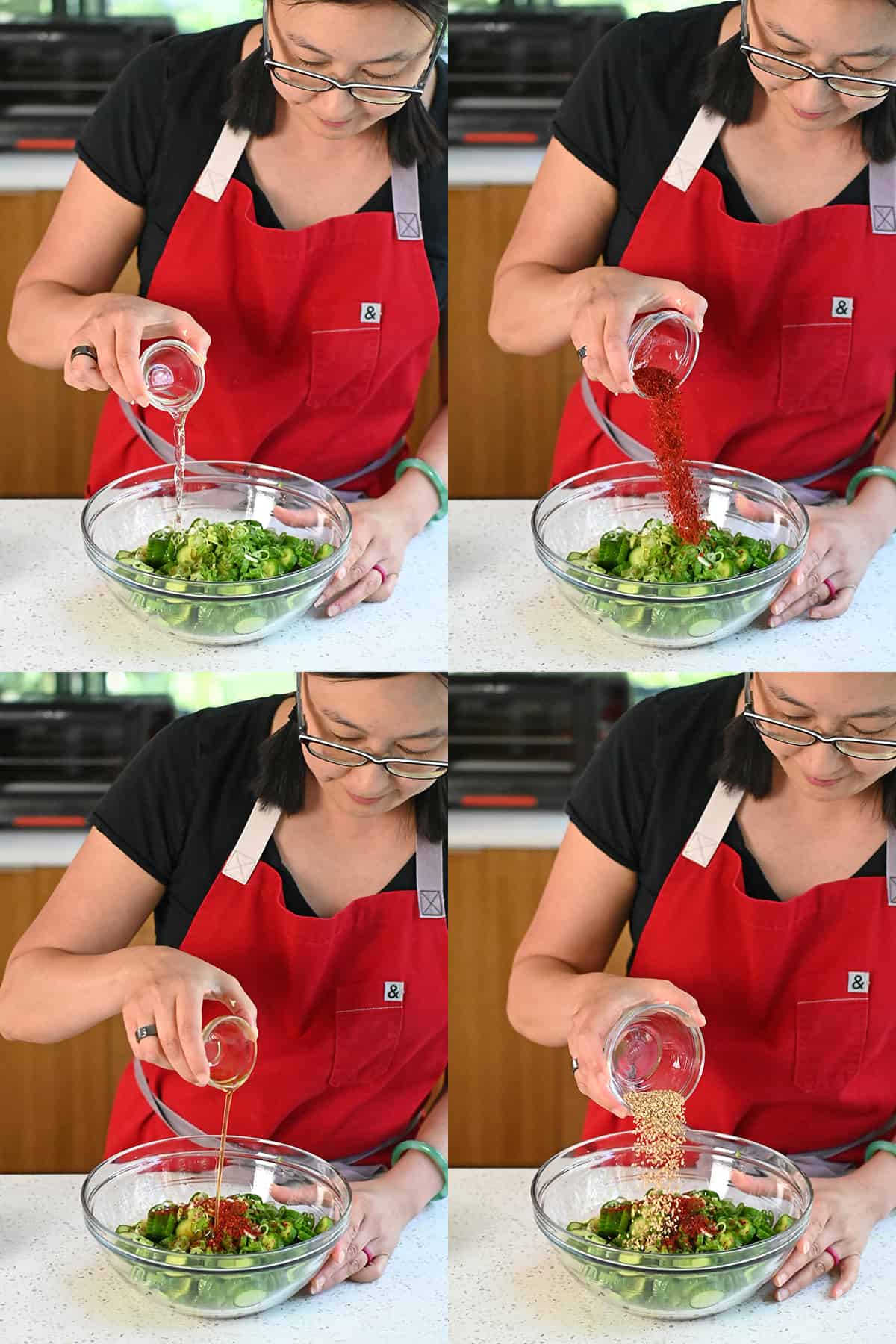 Four photos that show an Asian woman in a red apron adding rice vinegar, gochugaru, sesame oil, and sesamee seeds to a bowl of sliced cucumbers.