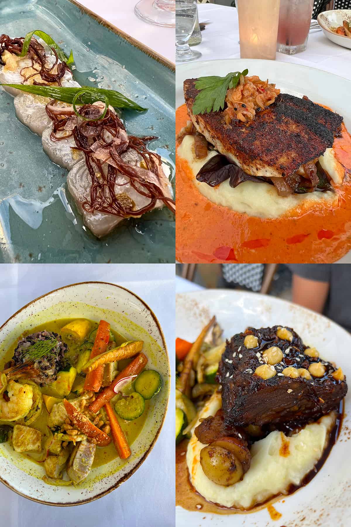 Four gluten free dishes at Pacific'O restaurant in Maui: sashimi, blackened fish, short ribs, and lemongrass curry.
