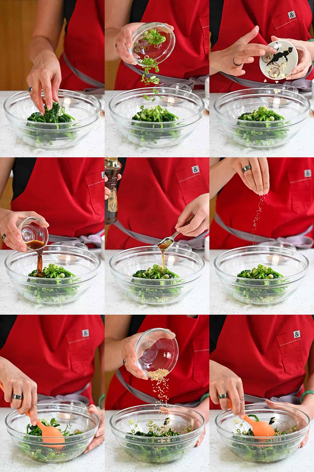Nine sequential process shots that show someone adding the ingredients to make Korean spinach side dish into a glass bowl and mixing them together.