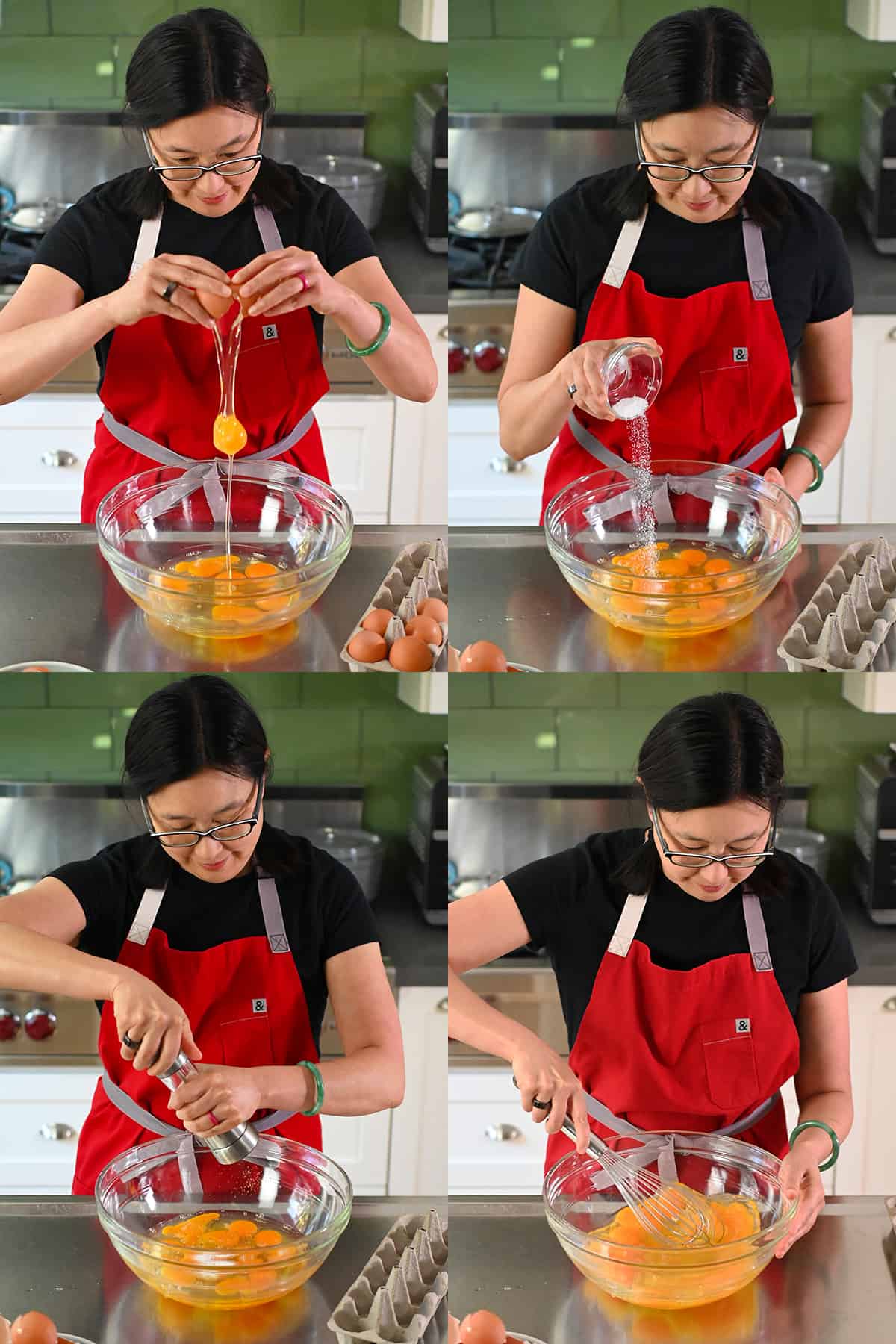Four sequential shots of an Asian woman in glasses adding raw eggs, salt, and pepper to a large bowl and then whisking them together.
