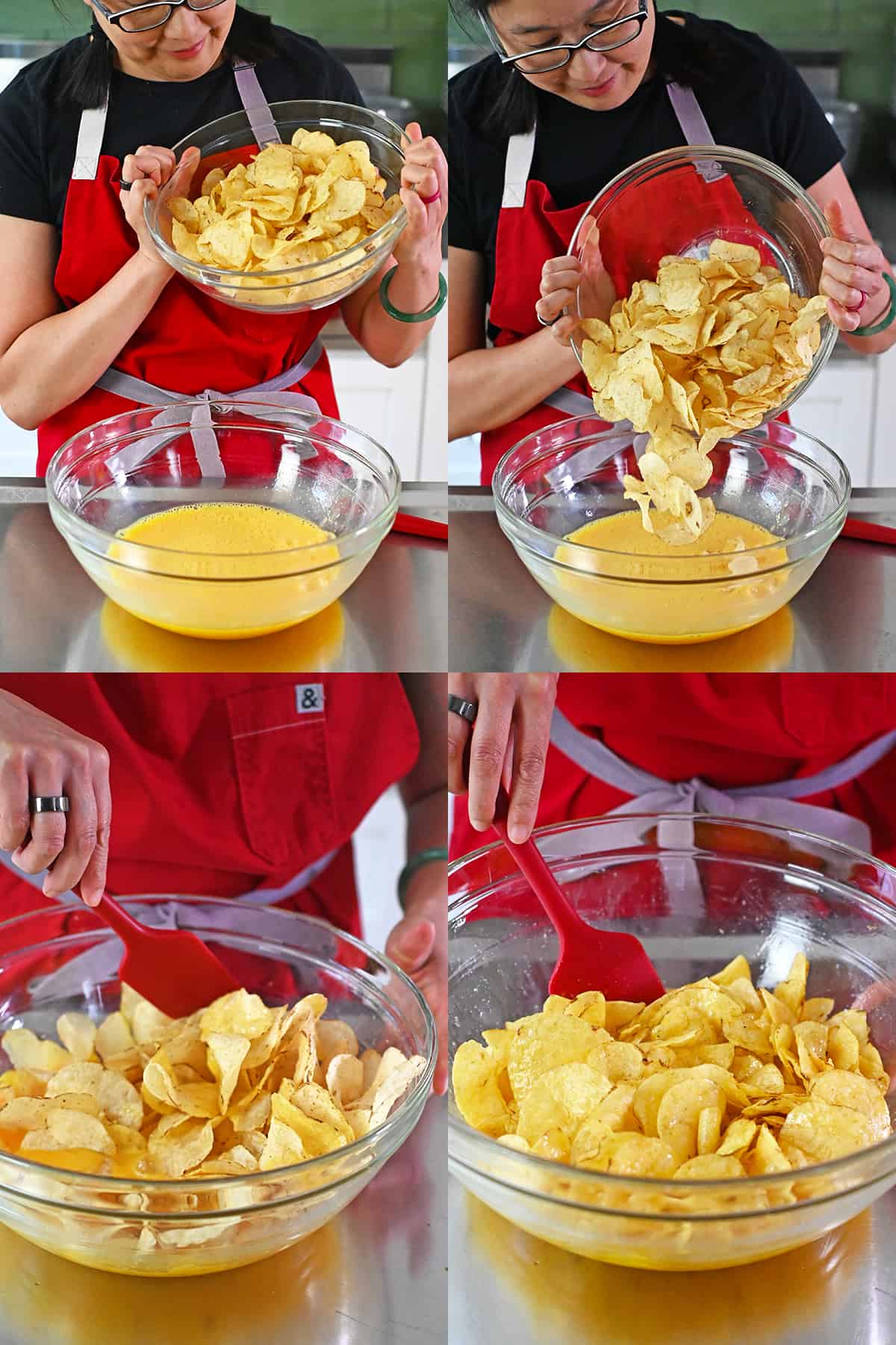 Four sequential shots of an Asian woman in glasses and a red apron pouring potato chips into a large glass mixing bowl filled with whisked raw eggs.
