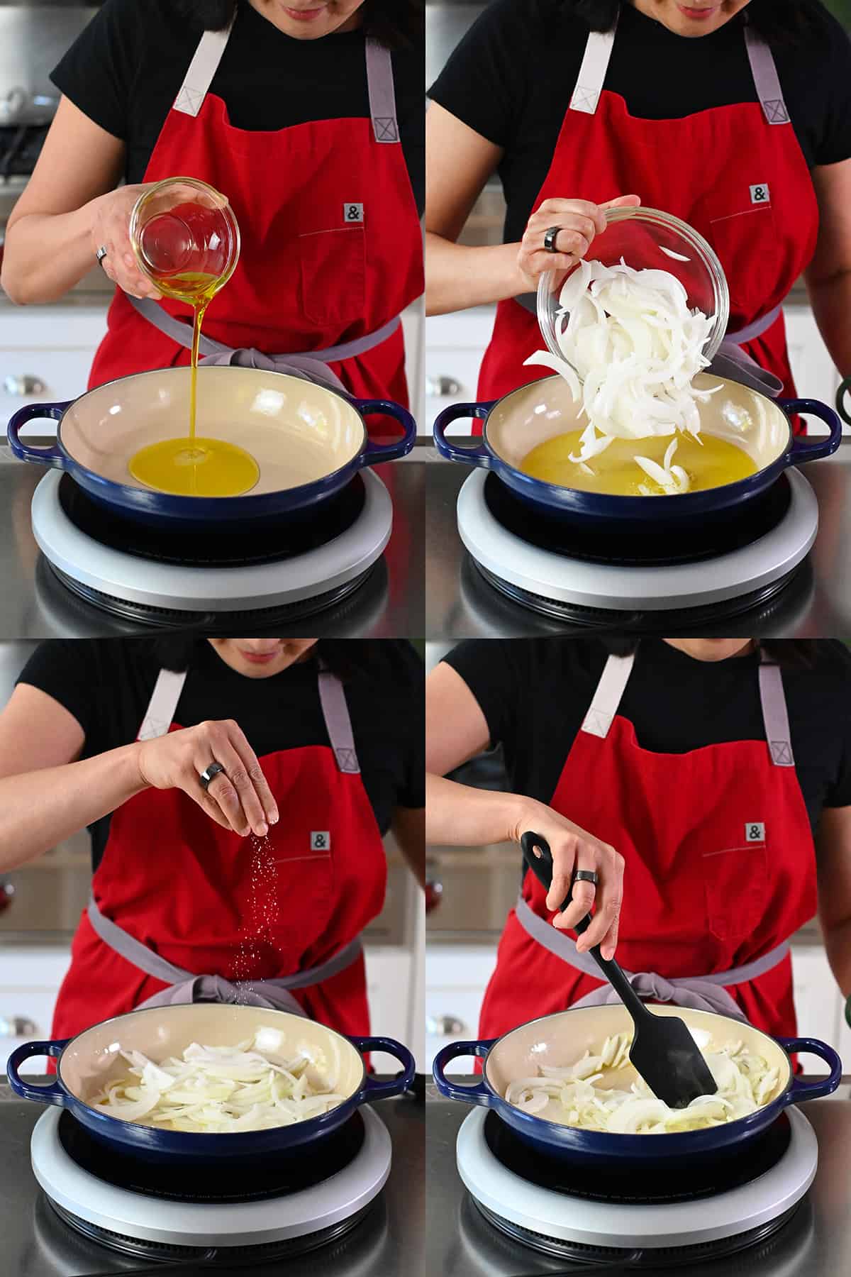Four sequential shots of a woman in a red apron adding olive oil to a frying pan, then adding sliced onions and a pinch of salt.