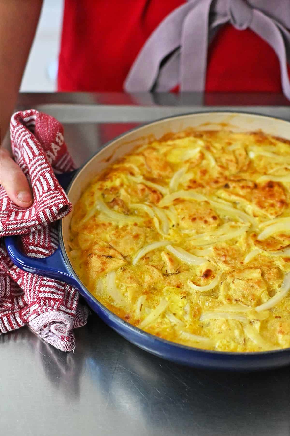 A fully cooked Spanish tortilla made with potato chips, ready to serve.