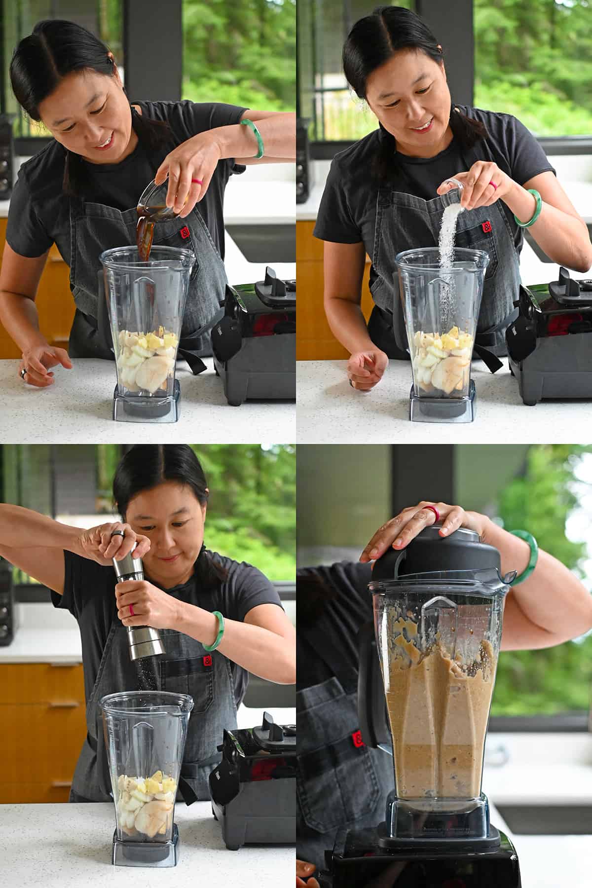 Four sequential photos of an Asian woman adding coconut aminos, salt, and pepper to a Vitamix blender and blending everything together to make paleo bulgogi sauce.