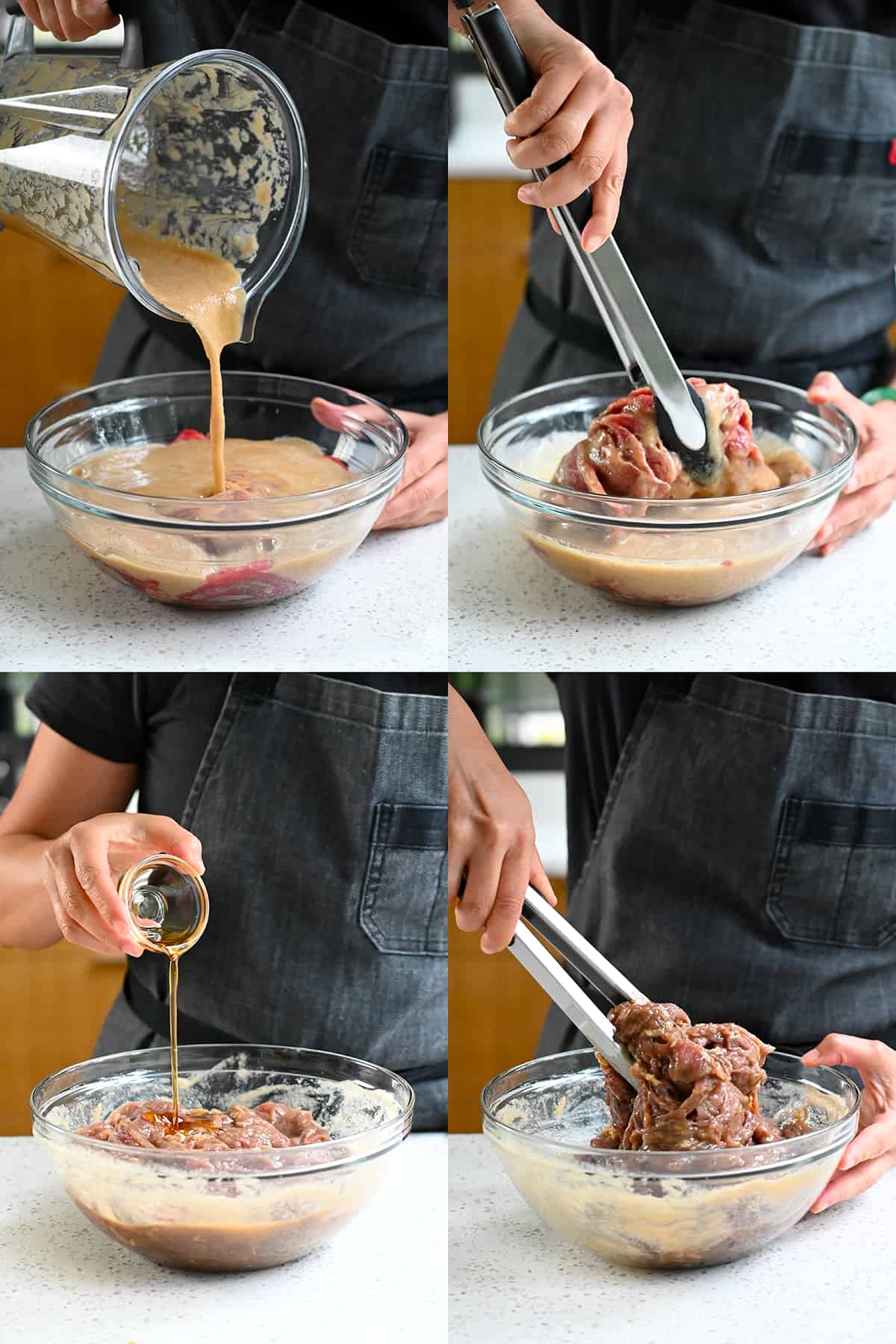 Four sequential shots that show a someone adding bulgogi sauce and toasted sesame oil to a bowl of thinly sliced raw steak and tossing everything together with tongs.