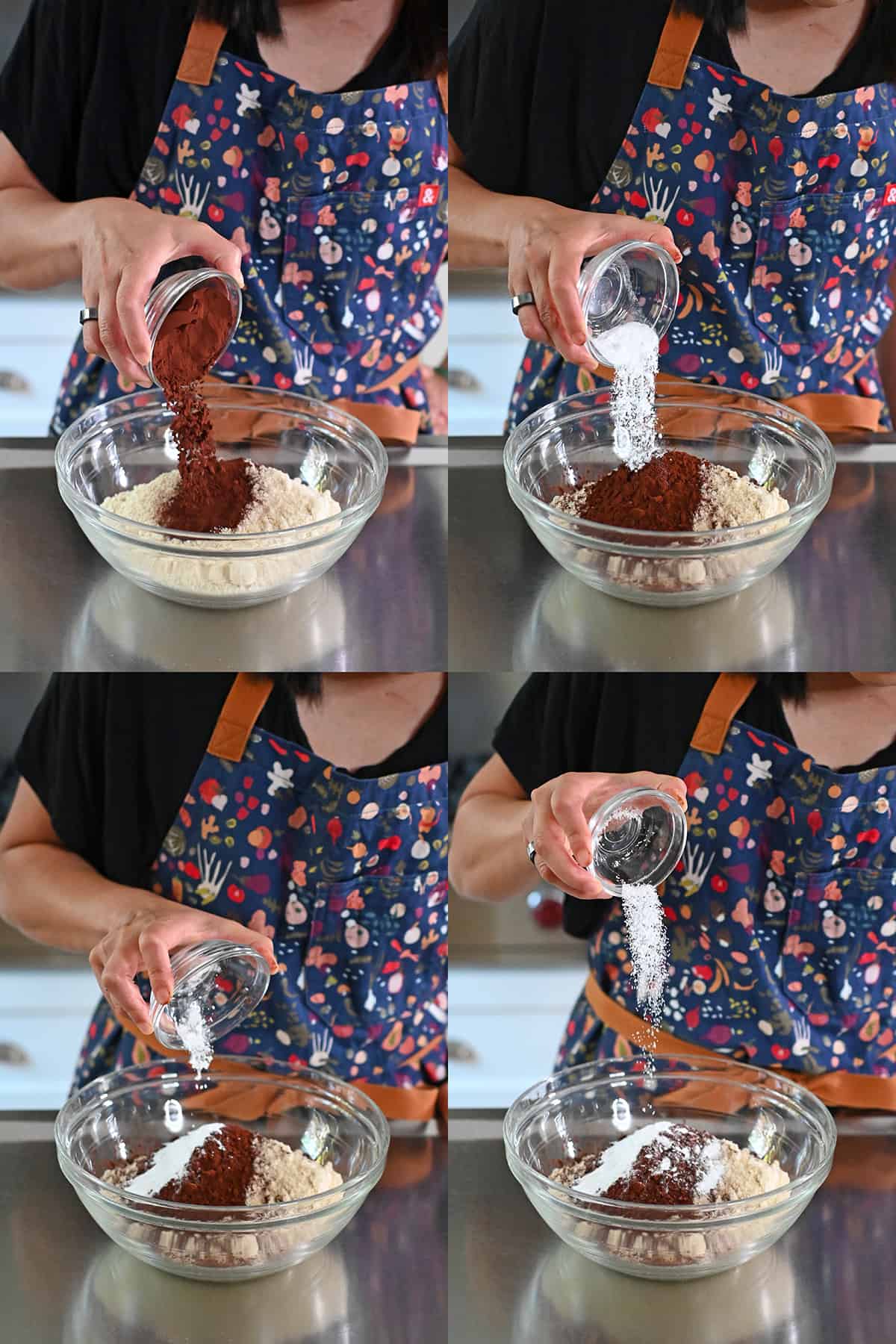 Four sequential shots of someone adding cocoa powder, baking soda, cream of tartar, and salt to a bowl of almond flour.