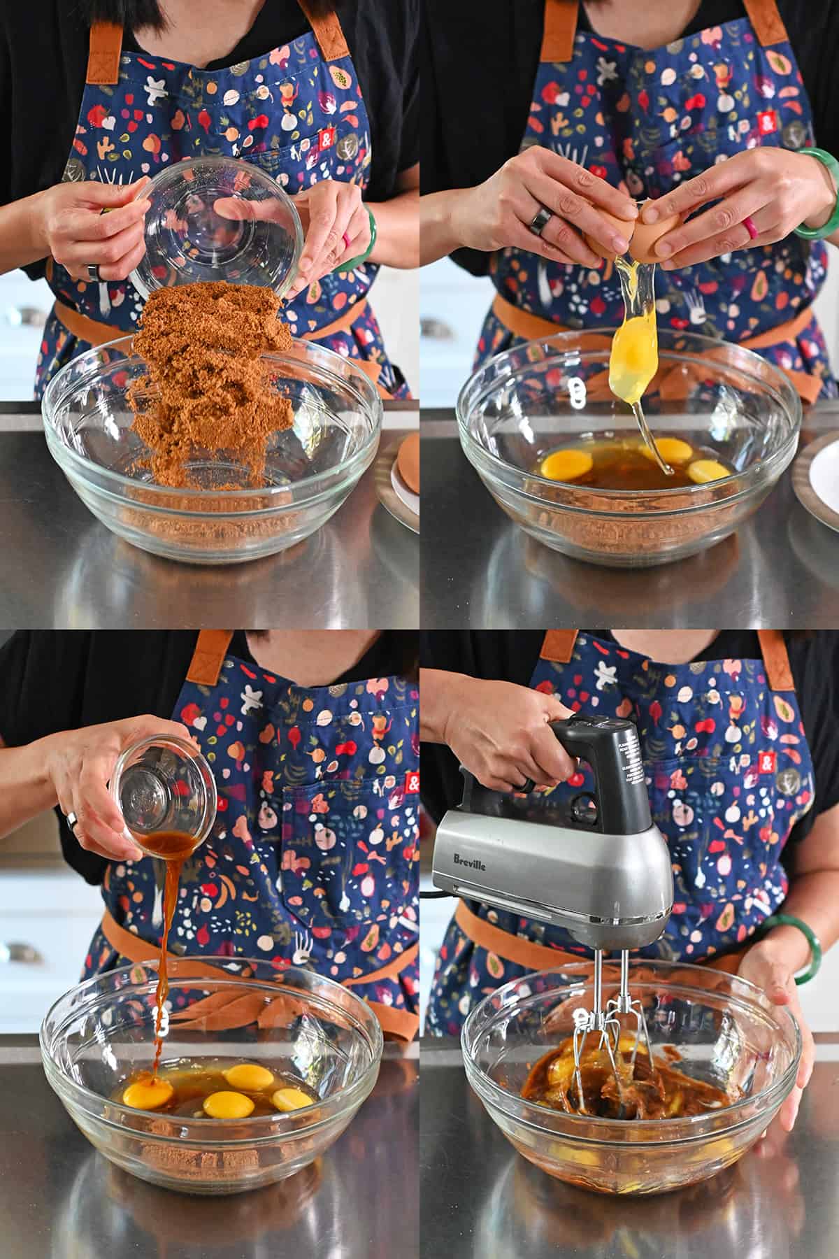 Four sequential shots that show someone adding coconut sugar, raw eggs, and vanilla extract to a bowl and mixing it with a hand mixer.