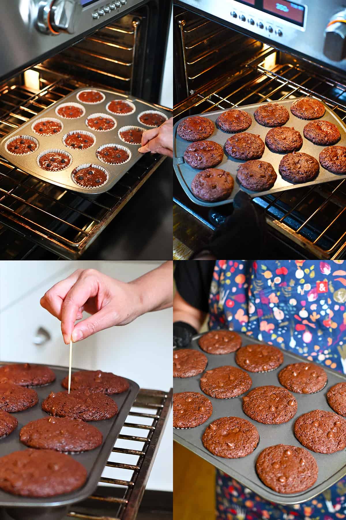 Four sequential photos that show paleo chocolate zucchini muffins baking in the oven.
