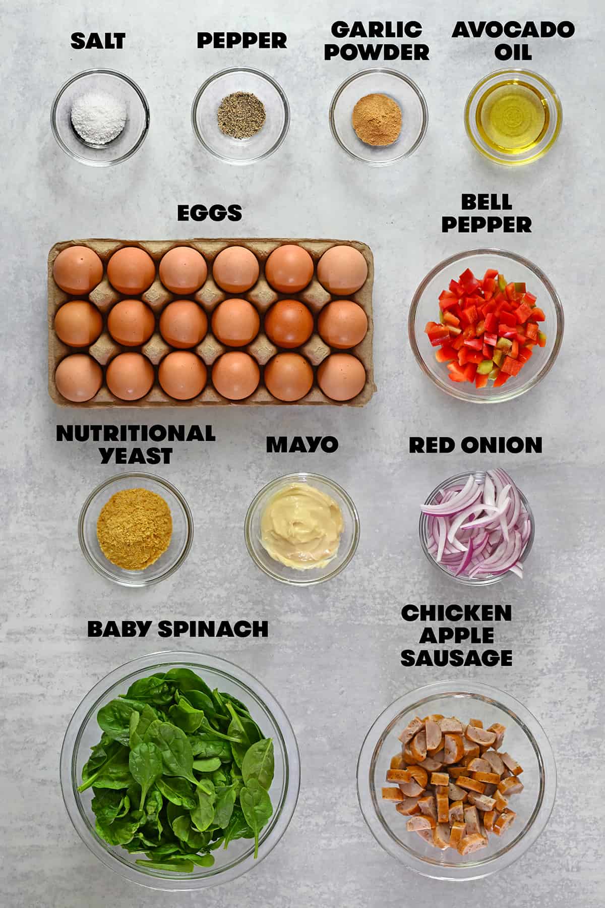 The raw ingredients measured out to make paleo and Whole30 sheet pan eggs.