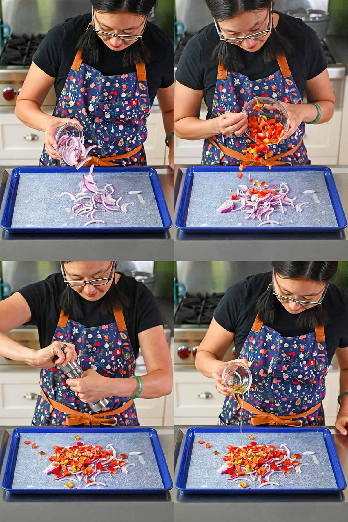 Four sequential shots of an Asian woman placing thinly sliced red onions and diced bell peppers on a parchment lined rimmed baking sheet and seasoning them with salt, pepper, and oil.