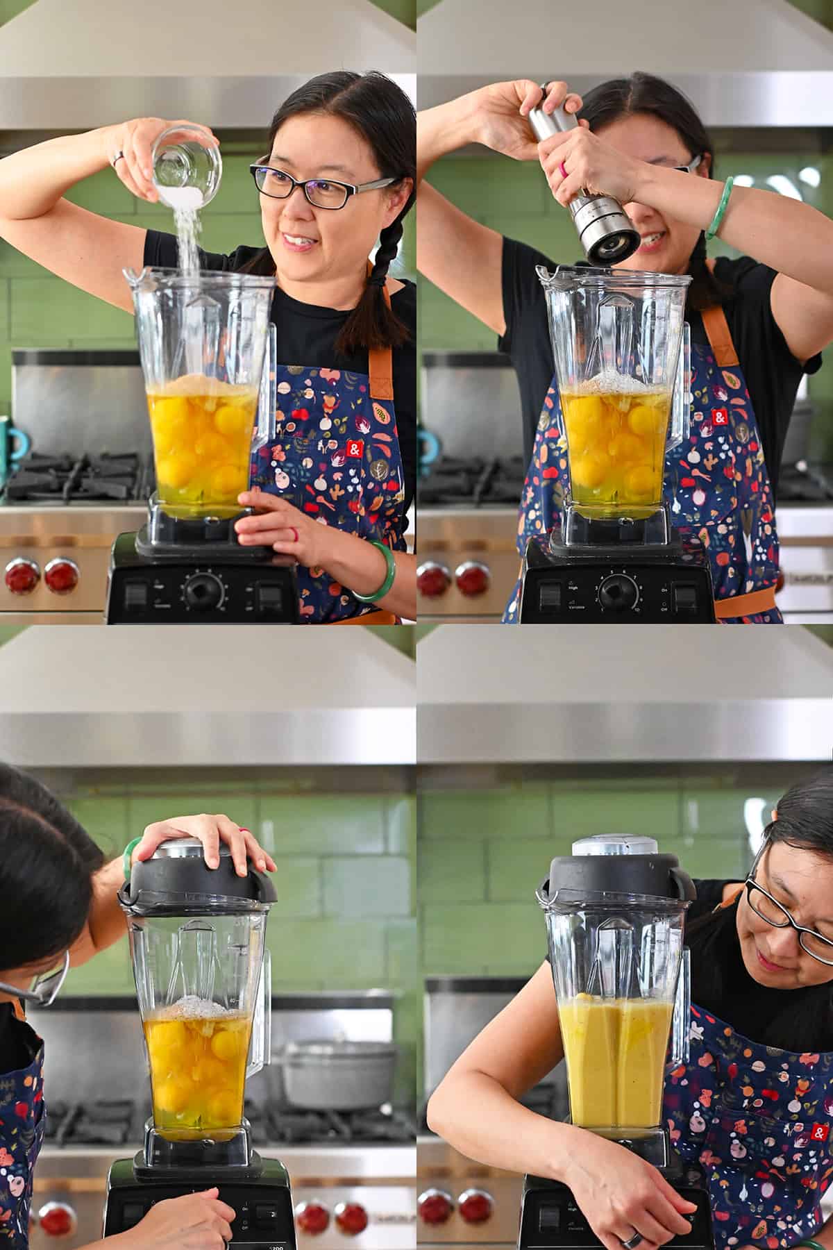 A smiling Asian woman is adding salt and pepper to an open Vitamix filled with raw eggs before blending everything on low speed.