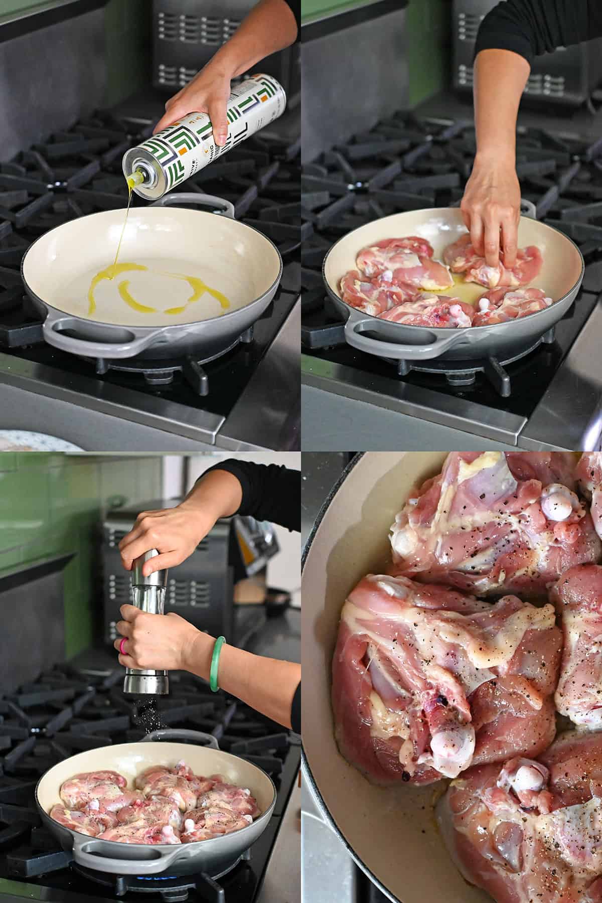 Four sequential shots that show someone adding olive oil to a enameled cast iron skillet, then adding raw chicken thighs skin side down in the pan, adding fresh pepper to the meat side, and a close up shot of the chicken.