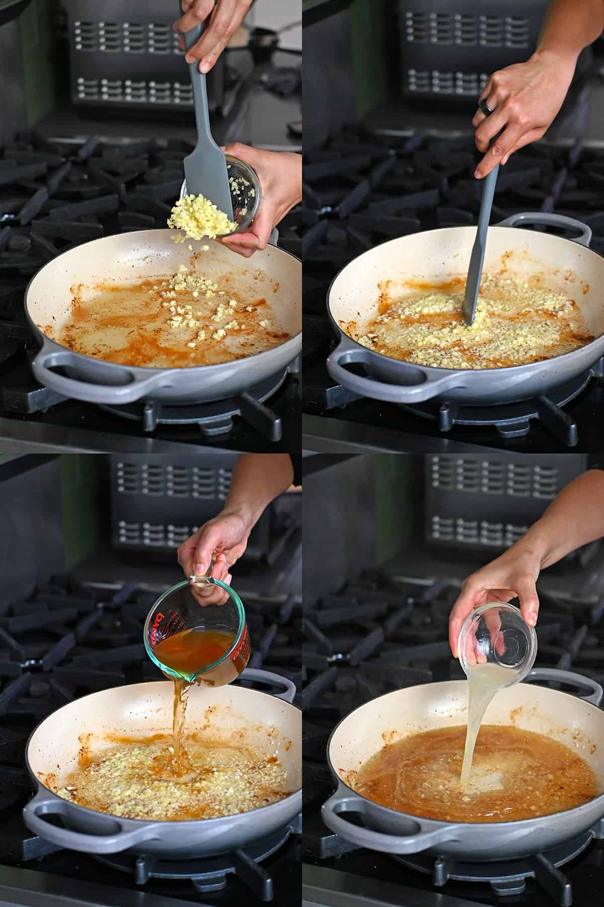 Four sequential shots that show someone making the lemon garlic chicken sauce in a pan by adding minced garlic, broth, and lemon juice.