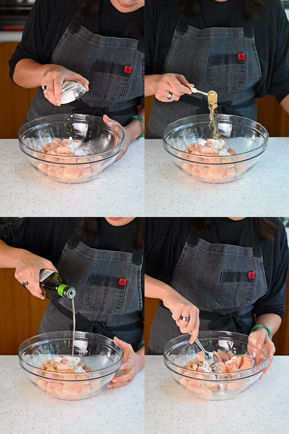 Four sequential shots that show someone adding arrowroot powder, Umami Stir Fry Powder, and avocado oil to cubed raw chicken breast in a large bowl and mixing it all together with a spoon.